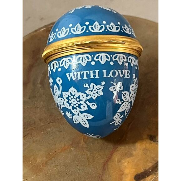 Bilston And Battersea Other - Bilston & Battersea Enamels Halcyon Days 2.25" Trinket Box Blue Egg With Love